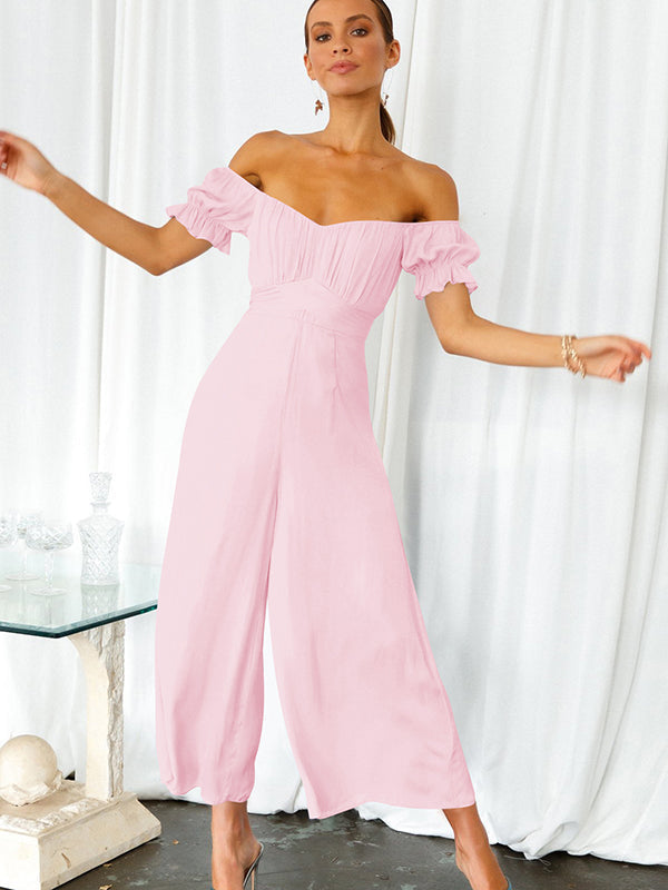 13 Colors Puff Sleeves Solid Color Cold Shoulder Wide Leg Jumpsuits