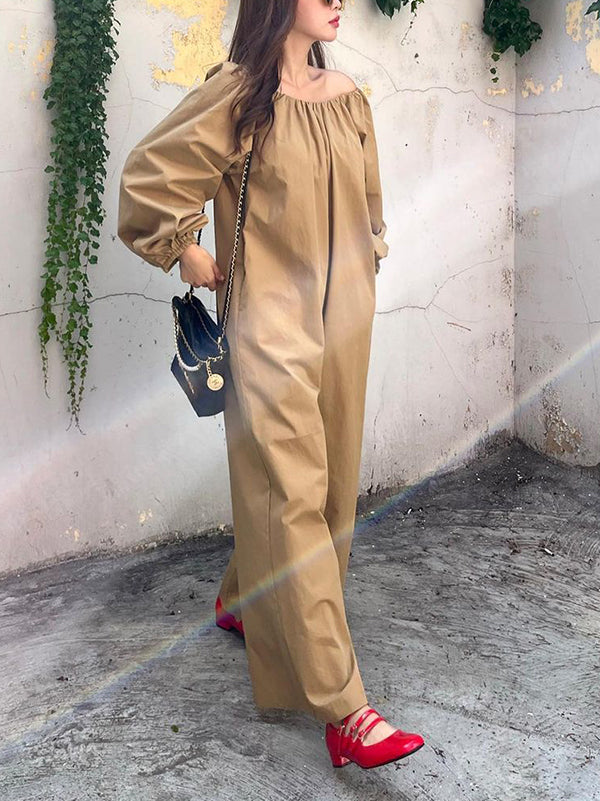 Elasticity Pleated Pockets Solid Color Long Sleeves Loose Round-neck Jumpsuits