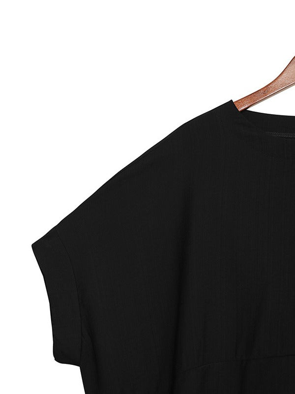 Loose Solid Color Round-Neck Short Sleeves  Tops+ Elasticity Pleated Cropped Pants Two Pieces Set
