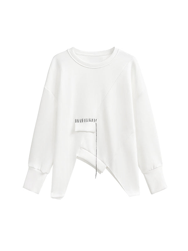 Asymmetric Long Sleeves Loose Round-Neck Sweatshirt Tops