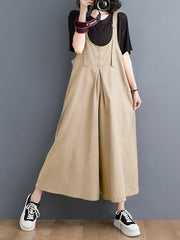 Buttoned Solid Color Ninth Pants Wide Leg Spaghetti-Neck Overalls
