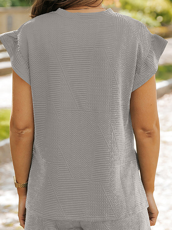 Round-neck Drawstring Pockets Solid Color Split-Joint Split-Side Loose Ruffle Sleeves Two Pieces Set