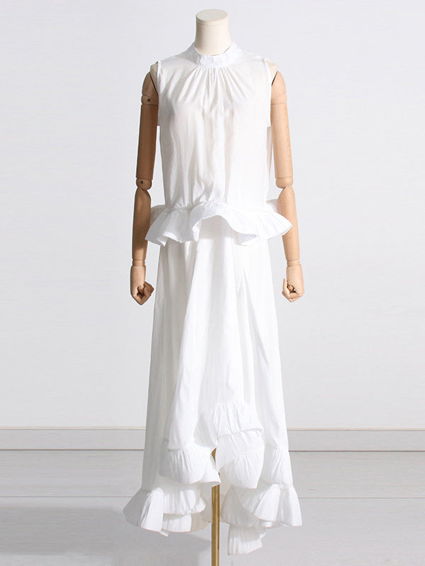 Pleated Ruffled Solid Color High Waisted High-Low Mock Neck Two Pieces Set