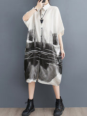 Pockets Printed Half Sleeves Loose Lapel Midi Dresses