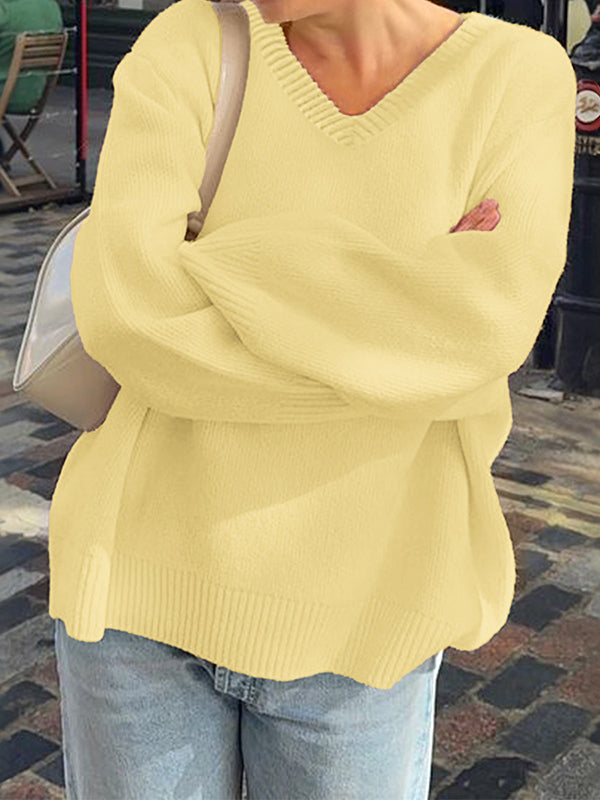 Ribs Solid Color Long Sleeves Loose V-Neck Sweater Tops