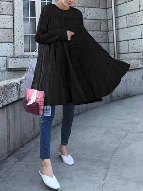 Irregularity Long Sleeves Pleated Solid Color Round-neck Blouses&shirts Tops