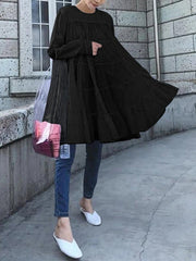 Irregularity Long Sleeves Pleated Solid Color Round-neck Blouses&shirts Tops