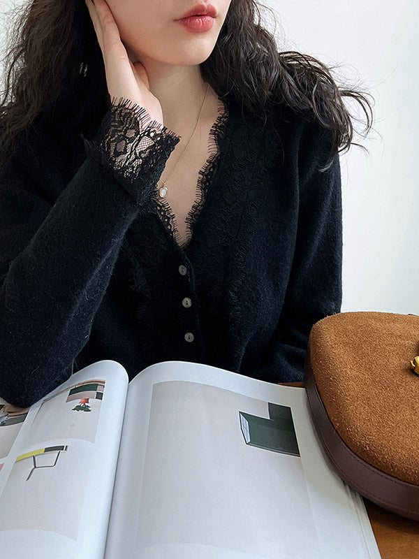 Buttoned Split-Joint Long Sleeves V-Neck Cardigan Tops