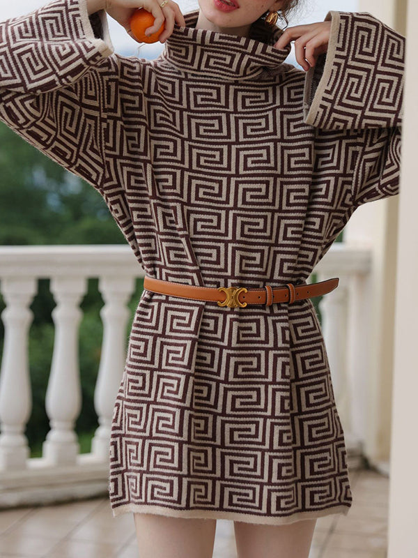 Jacquard Printed Flared Sleeves Long Sleeves High Neck Sweater Dresses Mini Dresses
