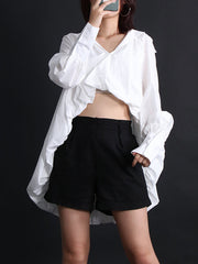 Solid Color High-Low Puff Sleeves V-Neck Blouses&Shirts Tops