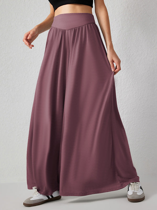 Pleated Pockets Solid Color Split-Joint High Waisted Loose Trousers Pants