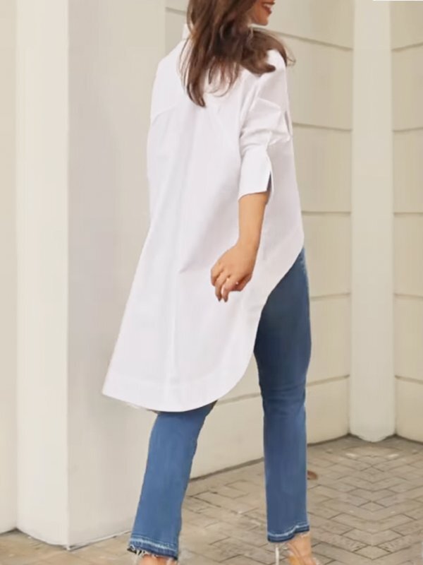 Buttoned Pockets Solid Color Split-Joint High-Low Long Sleeves Lapel Blouses&Shirts Tops