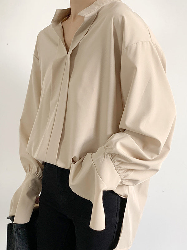 Buttoned Solid Color Split-Side Flared Sleeves High-Low V-Neck Blouses&Shirts Tops