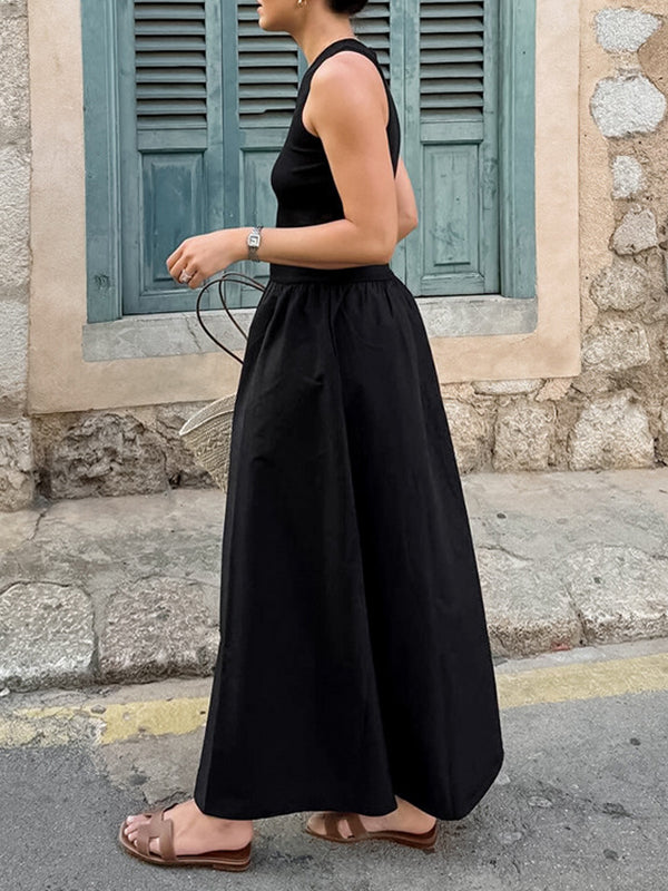 Solid Color Split-Joint A-Line Sleeveless Round-Neck Maxi Dresses