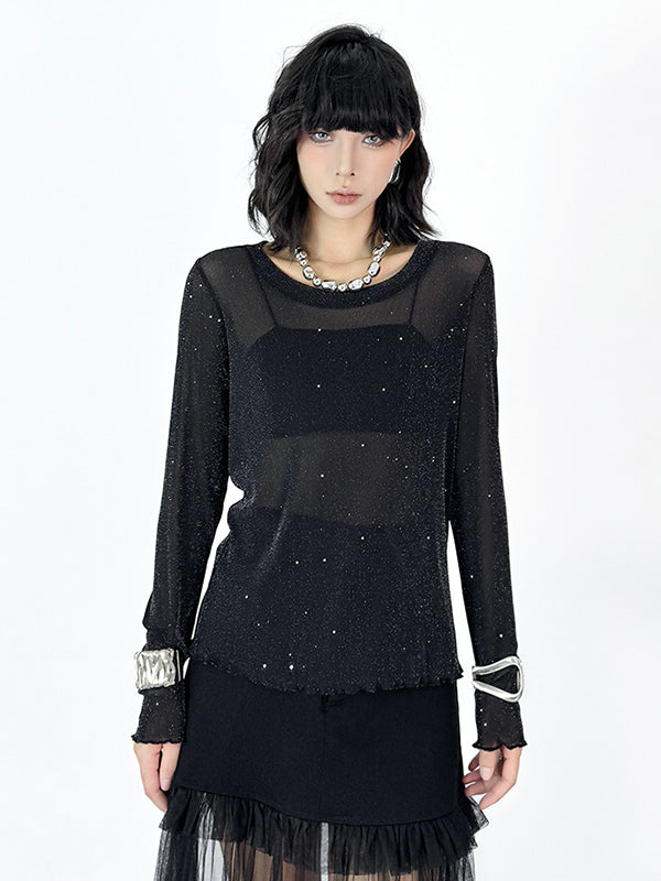 See-Through Shiny Long Sleeves Loose Round-Neck T-Shirts Tops