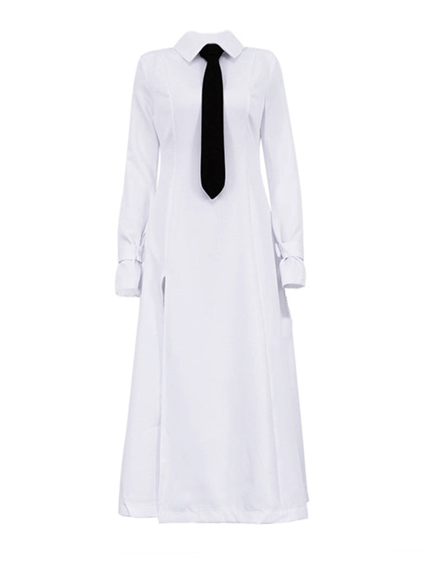 Buttoned Solid Color Split-Joint Split-side A-line Flared Sleeves Lapel Shirt Dress Maxi Dresses