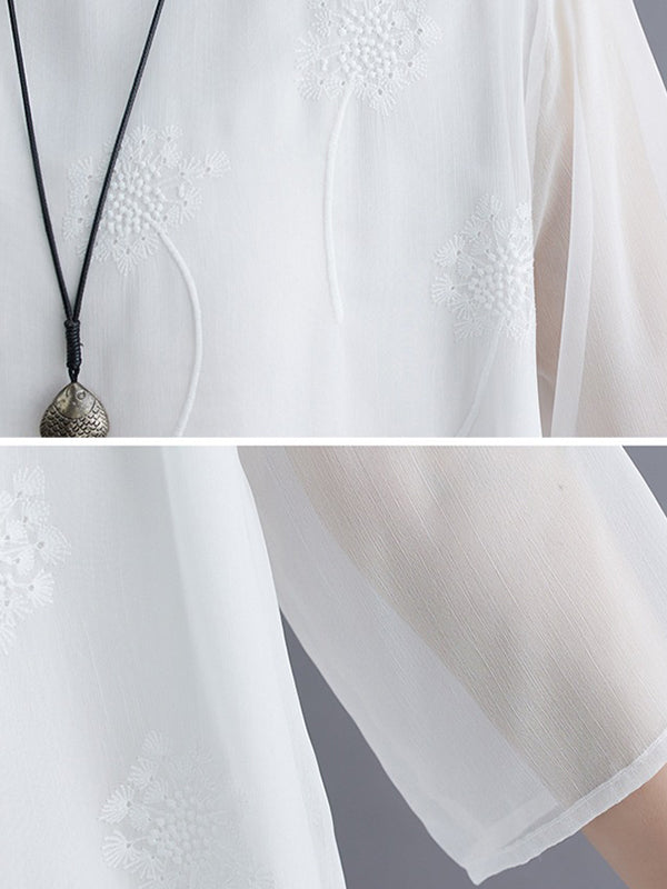 Gauze Split-Joint Loose Three-Quarter Sleeves Round-Neck Midi Dresses
