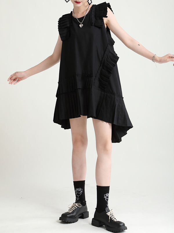 Asymmetric Pleated Solid Color Split-Joint Flying Sleeves Loose Round-Neck Midi Dresses