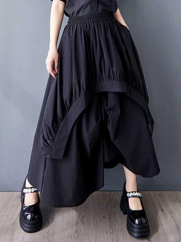 Asymmetric Elasticity Pleated Pockets Solid Color A-Line Loose Skirts Bottoms