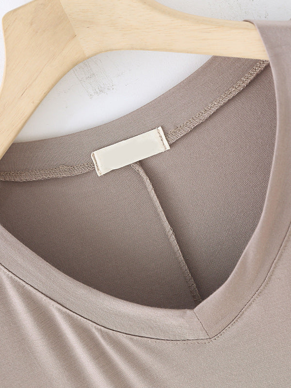 Solid Color Split-Joint Loose Short Sleeves V-neck T-Shirts Tops