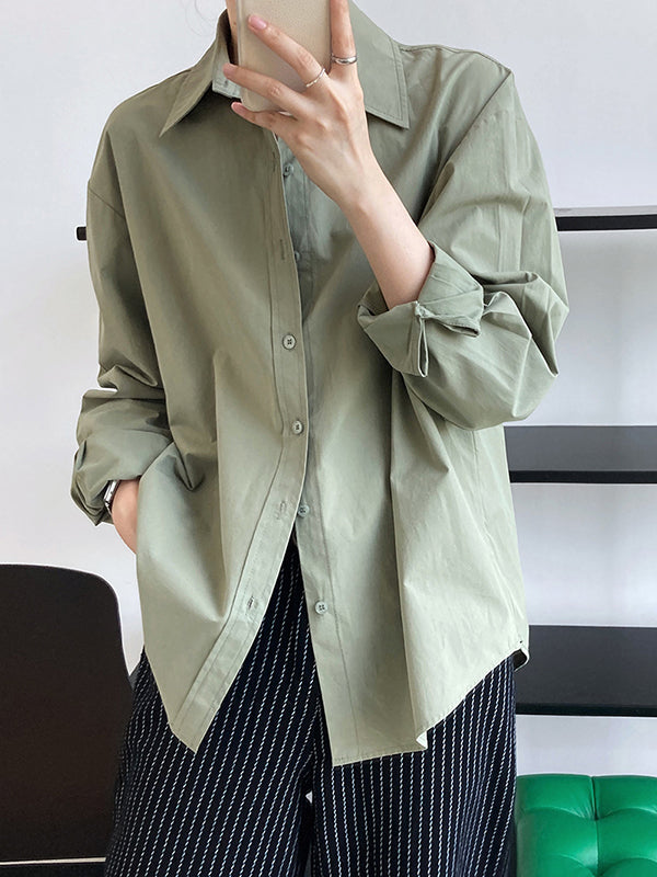 Simple Loose Long Sleeves Buttoned Solid Color Lapel Collar Blouses&Shirts Tops