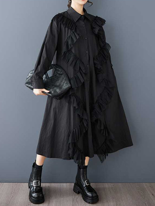 Buttoned Split-Joint A-Line Long Sleeves Lapel Shirt Dress Midi Dresses