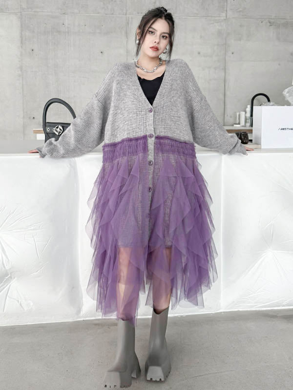 Buttoned Contrast Color Mesh Pleated Ribs Split-Joint High-Low Irregularity Collarless Outerwear Cardigan Tops