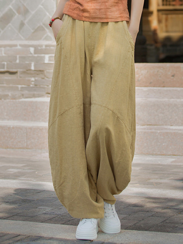 Elasticity Pockets Solid Color Split-Joint Loose Pants Cropped Trousers