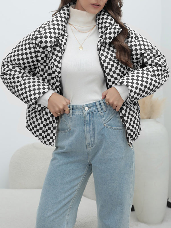 Keep Warm Plaid Quilted Zipper Long Sleeves Loose Stand Collar Padded Coat
