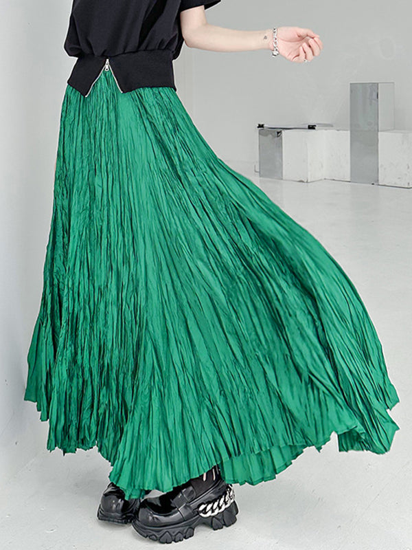 High-Waisted Pleated Solid Color A-Line Irregular Clipping Skirts