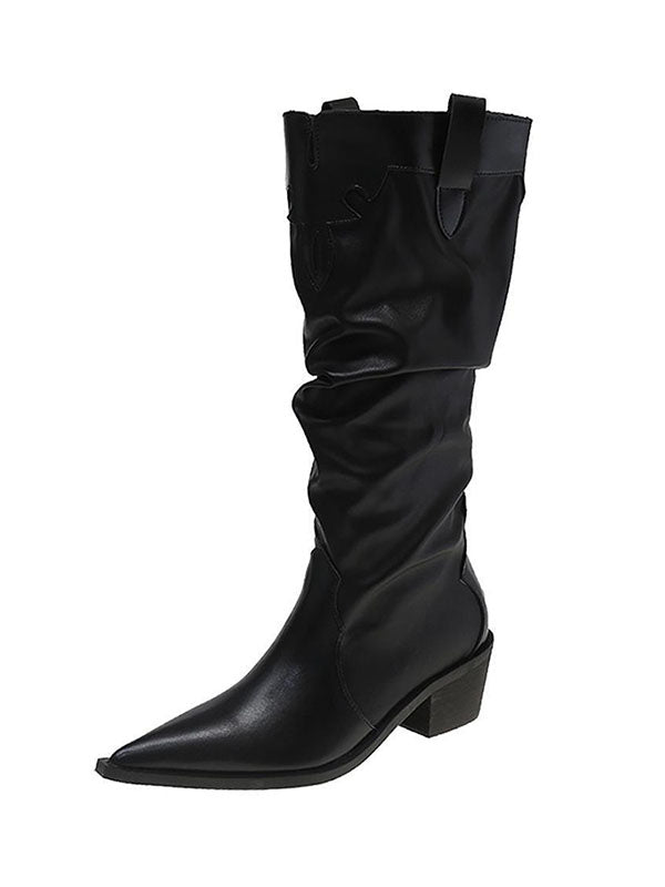 Pleated Pointed-Toe Solid Color Chunky Shoes Boots