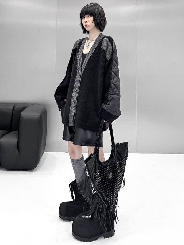Buttoned Contrast Color Reversible Split-Joint Long Sleeves Loose Collarless Outerwear Cardigan Tops