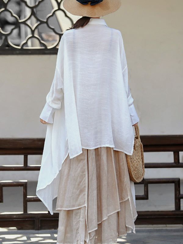 See-Through Solid Color Split-Joint Split-Side Loose Raglan Sleeve Lapel Blouses