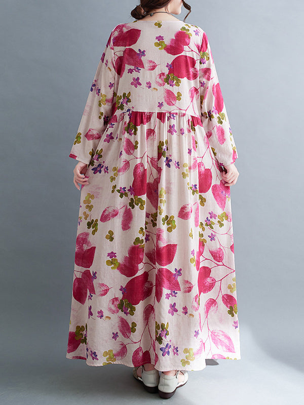 Flower Print Split-Joint Long Sleeves Loose Round-Neck Midi Dresses