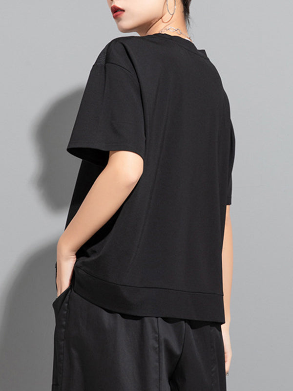 Asymmetric Split-Joint Zipper Loose Short Sleeves Round-neck T-Shirts Tops