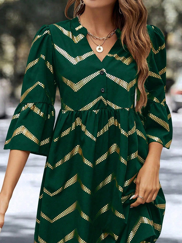 Buttoned Elasticity Striped A-Line High Waisted V-Neck Mini Dresses