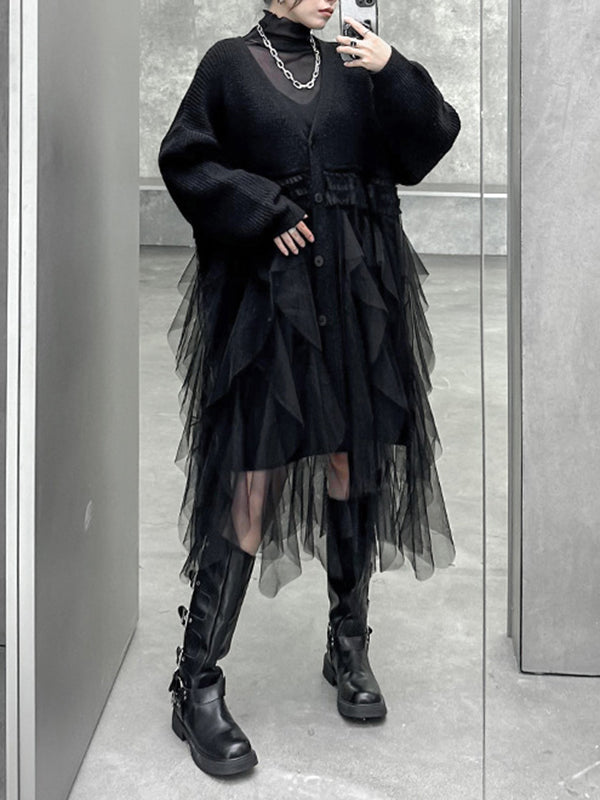 Buttoned Pleated Solid Color Split-Joint Tulle Velvet Long Sleeves Loose V-Neck Cardigan Tops