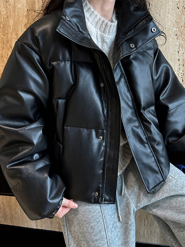 Split-Joint Zipper Loose Puff Sleeves Stand Collar Down Coat