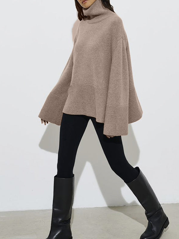 Pleated Solid Color Split-Side Long Sleeves Loose High Neck Sweater Tops