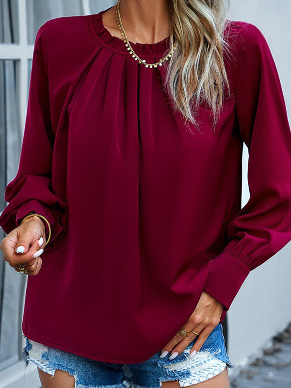 Pleated Solid Color Split-Joint Loose Puff Sleeves Round-Neck Blouses