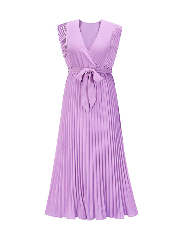 Floral Pleated Solid Color Split-Joint Tied Waist Loose Sleeveless V-Neck Maxi Dresses
