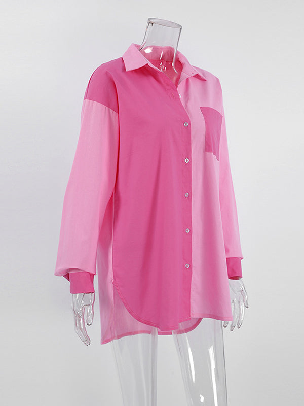 Buttoned Contrast Color Pockets Split-side High-low Long Sleeves Lapel Blouses&shirts Tops
