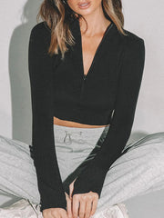 Hollow Solid Color Zipper Long Sleeves Skinny Deep V-Neck T-Shirts Tops