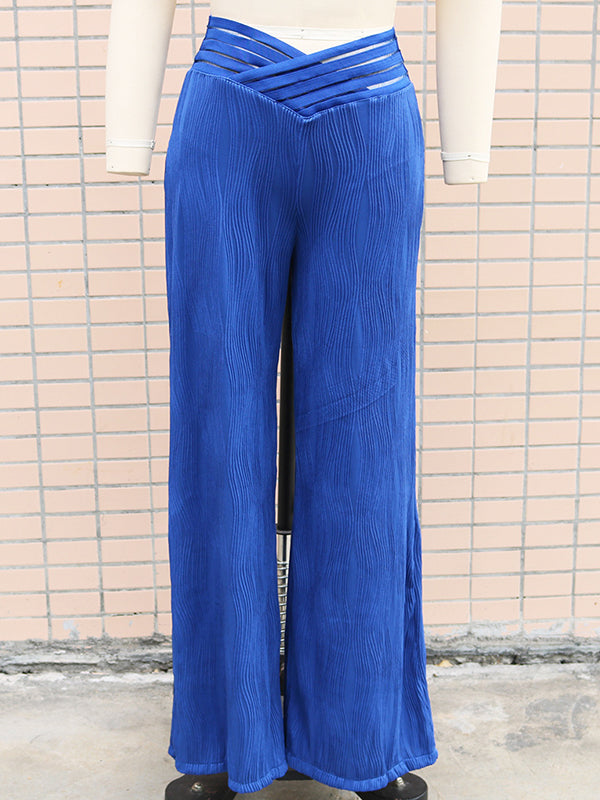 Elasticity Hollow Pleated Solid Color Loose Wide Leg Trousers Pants