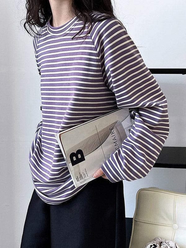 Contrast Color Striped Long Sleeves Loose Round-neck Sweatshirt Tops