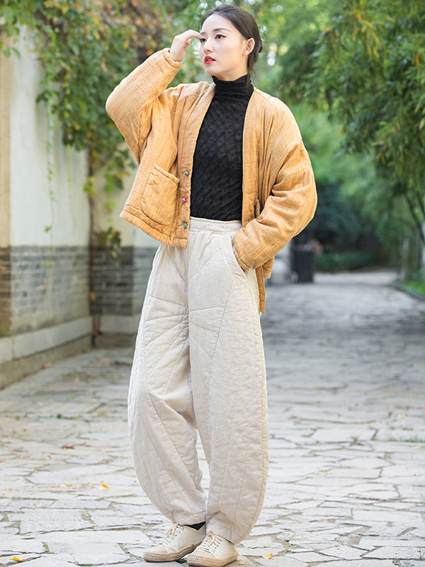 Casual Loose Keep Warm Quilted Solid Color Padded Bloomers Pants