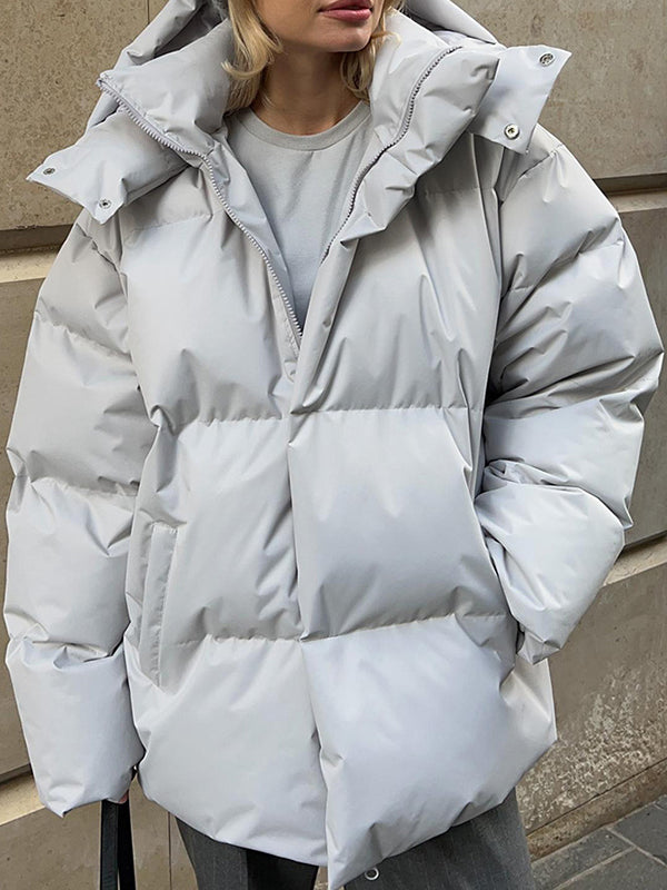 Long Sleeves Loose Solid Color Split-Joint Hooded Padded Coat