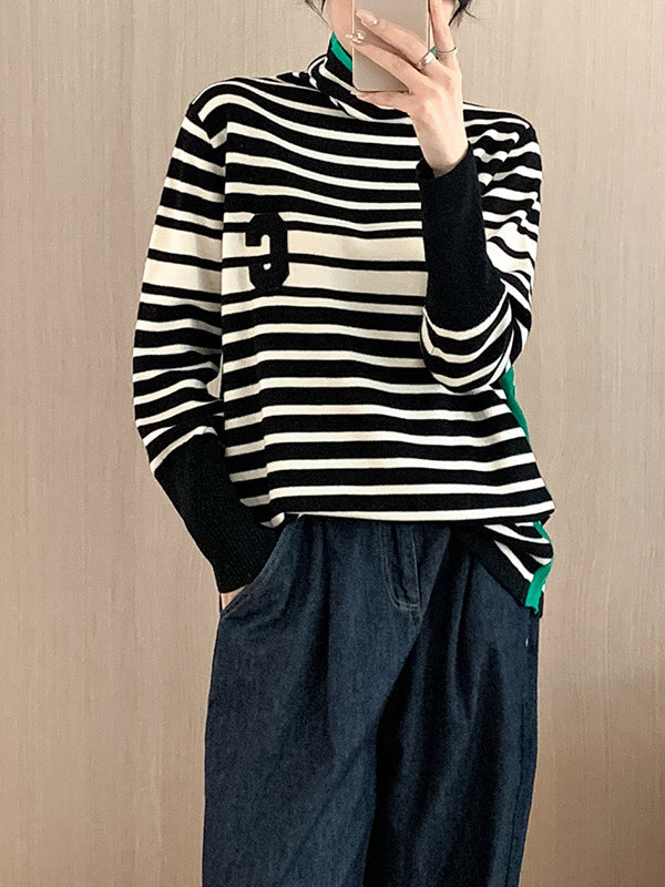 Contrast Color Knitted Letters Split-Joint Striped Long Sleeves Loose High Neck Sweater Tops Pullovers