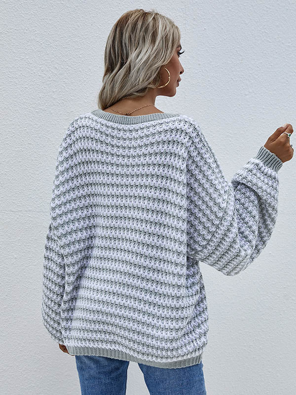Original Loose Striped 8 Colors V-Neck Long Sleeves Sweater Top