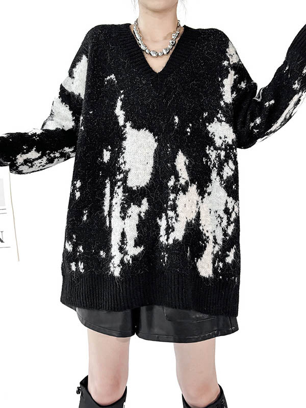 Abstract Printed Contrast Color Ribs Split-Joint Long Sleeves Loose V-Neck Sweater Tops